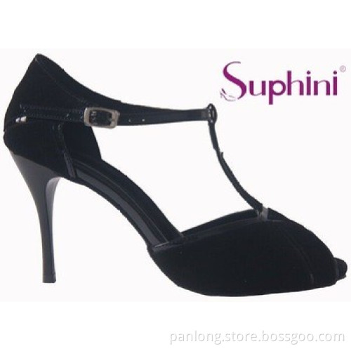 Suphini Black Satin Elegant Ballroom Dance Shoes
